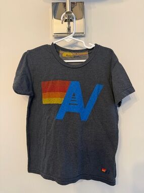 Aviator Nation Kids Charcoal Tee with Blue 'A' and Rainbow Stripe